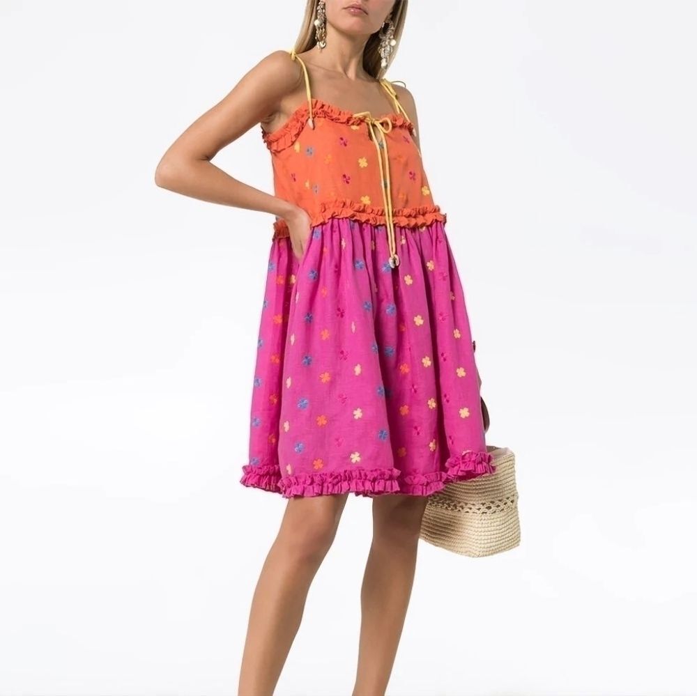 All Things Mochi Linen Embroidered Tiered Nia Mini Dress M $410 NWT